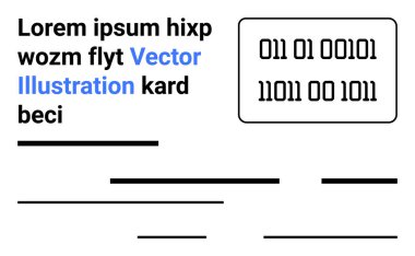 Örnek metin ve çeşitli çizgi elementlerinin üzerindeki dikdörtgen çerçevenin içindeki ikili kod. Teknoloji, iletişim, yazılım, web sitesi tasarımı, eğitim, sunumlar, eğitim materyalleri için ideal. İniş
