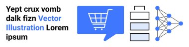 Konuşma balonunda alışveriş arabası, sunucu yığını, mavi düğümlü ve siyah çizgili sinir ağı diyagramı. E-ticaret, veri işleme, yapay zeka, makine öğrenimi, veritabanları, dijital pazarlama, teknoloji için ideal