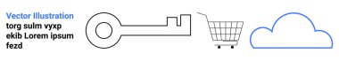 Bulut ve alışveriş arabasının anahtarı güvenliği ve online alışveriş temalarını görselleştirir. E-ticaret, siber güvenlik, dijital pazarlama, bulut depolama, çevrimiçi hizmetler, teknik sunumlar için ideal. Pankart