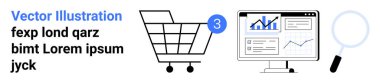 3 tebligatlı alışveriş arabası, grafikli ve grafikli analitik gösterge paneli, büyüteç. E-ticaret, çevrimiçi alışveriş, veri analizi, pazarlama, iş büyümesi, araştırma, iniş için ideal