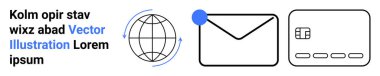 Döndürme okları olan bir dünya, bildirim noktası olan bir zarf ve çipli bir kredi kartı. Küresel bağlantı, e-posta bildirimleri, çevrimiçi işlemler, dijital iletişim, e-ticaret için ideal