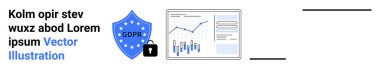 GDPR metni olan kalkan, kilit simgesi, grafik ve grafikleri gösteren analitik gösterge paneli. Veri gizliliği, güvenlik, uyum, yönetmelikler, analitikler, izleme, çevrimiçi koruma için idealdir. İniş sayfası