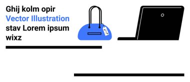 Anahtarlıklı mavi el çantası simgesi, açık dizüstü bilgisayar ve yer tutucu metni. Moda, teknoloji, e-ticaret, online alışveriş, minimalizm dijital pazarlama için ideal. İniş sayfası