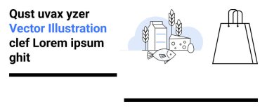 Süt kutusu, peynir, balık, buğday kulağı, yer tutucu metin ve alışveriş çantasının yanında birbirine bağlı çizgiler. E-ticaret, market, perakende pazarlama gıda endüstrisi reklam markası için idealdir. İniş sayfası