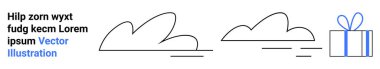 İki basit bulut çizimi ve sahte metinle tamamlanmış kurdeleli bir hediye kutusu. Kutlamalar, hava tahminleri, özel duyurular, minimalist markalaşma, yaratıcı sunumlar için ideal