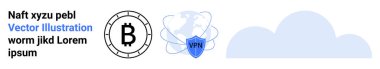 Bitcoin logosu, VPN kalkanı ve bulut simgesi içeriyor. Kripto para birimi, siber güvenlik, bulut hesaplama, VPN hizmetleri, dijital para birimi, engelleme teknolojisi, çevrimiçi güvenlik için ideal. İniş sayfası