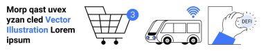 3 tebligatlı alışveriş arabası, kablosuz sinyali olan bir otobüs, el ele tutuşan bir DEFI jetonu. Çevrimiçi alışveriş, akıllı ulaşım, yerel finans, teknoloji eğilimleri, dijital
