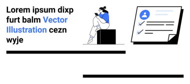 Siyah bir kübün üzerinde oturan bir kadın, akıllı telefonu kontrol ediyor. Profil simgesi ve kontrol listesi görüntülenmiş belge. Üretkenlik, görev yönetimi, dijital iletişim, iş hayatı dengesi için ideal, çevrimiçi