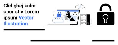 Güvenlik asma kilidi, uyarı işaretleri ve koruyucu kalkanı olan dizüstü bilgisayar ekranı. Web siteleri, siber güvenlik dersleri, veri koruma rehberleri, çevrimiçi hizmetler, teknoloji blogları, yazılım tanıtımı için ideal