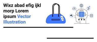 Etiketli el çantası ve yapay zekayı temsil eden dijital devreler ve simgelerle insan kafasının yanına yerleştirilmiş metin. Moda, teknoloji, e-ticaret, yenilik, dijital pazarlama, yapay zeka araştırmaları için ideal