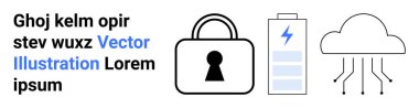 Asma kilit güvenliği temsil ediyor, pil gücü simgeliyor ve bulut hesaplama devreli bulut. Siber güvenlik, veri koruması, teknolojik çözümler, bulut hizmetleri, enerji yönetimi için ideal