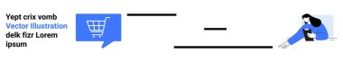 Mesaj baloncuğunun içindeki mavi alışveriş arabası, tablet kullanan müşteri, yatay çizgiler. E-ticaret, çevrimiçi alışveriş, müşteri ilişkileri, teknoloji, dijital pazarlama, kullanıcı arayüzü, modern