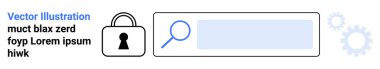 Arama çubuğunda asma kilit ikonu ve arka plan dişlileriyle büyüteç simgesi. Güvenlik uygulamaları, arama algoritmaları, veri koruması, şifreleme, güvenli tarama, kullanıcı arayüzü ögeleri, gizlilik için ideal