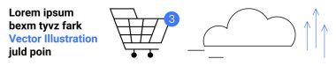 3 numarayı gösteren bir bildiri kartıyla alışveriş arabasında stilize edilmiş bir bulut ve yukarı doğru giden oklar var. eCommerce, cloud depolama, bildirim, kullanıcı arayüzü tasarımı, dijital için ideal