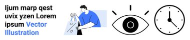 Çamaşırları deterjanla yıkayan bir adam, bir göz sembolü ve siyah ve mavi tonlu bir saat simgesi. Çamaşır hizmetleri, temizlik, temizlik, gözlem, zaman yönetimi, ev işleri için ideal