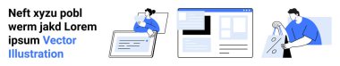 Bilgisayarlı bir kişi, web sitesi arayüzü ve alışveriş çantalı bir kişi dahil üç sahne. Teknoloji için ideal, takım işbirliği, e-ticaret, dijital pazarlama, uzaktan çalışma, çevrimiçi