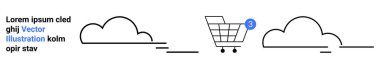 İki bulut arasında bilgilendirme simgesi olan minimalist alışveriş arabası, yanında yazı. E-ticaret, çevrimiçi alışveriş, bildirimler, dijital pazarlama, kullanıcı deneyimi, mobil uygulama arayüzleri için ideal
