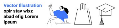 Düşüncelerinde işaret parmağı olan bir adam. Yanında alışveriş çantası ve mezuniyet şapkası konseptleri ve alışverişi sembolize ediyor. İş, eğitim, e-ticaret, beyin fırtınası, bilgi ve öğrenim için ideal