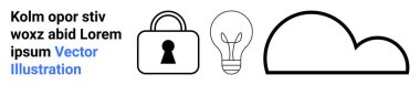 Güvenlik kilidi, ampul ve bulut çizgisi üst üste. Veri güvenliği, yenilik, bulut bilgisayarı, çevrimiçi mahremiyet, dijital depolama teknolojisi çözümleri siber güvenlik için idealdir. İniş sayfası