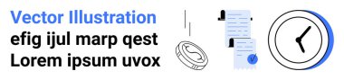 Soyut şirket finans unsurları. Sözleşme, para ve saat de dahil. Mavi ve siyah. Finans, iş planlaması, zaman yönetimi, yasal belgeler, kurumsal sunumlar, ekonomik