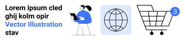 Tablet, dünya ikonu, tebligat kartı olan alışveriş arabası kullanan biri. E-ticaret, çevrimiçi alışveriş, dijital pazarlama, küresel iş, teknoloji, internet hizmetleri, mobil uygulamalar için ideal. İniş