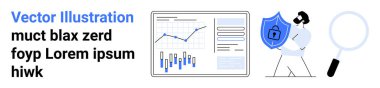 Veri eğilimlerini gösteren grafikler, asma kilit sembollü bir kalkan ve büyüteç tutan bir kişi. Veri analizi, siber güvenlik, bilgi, koruma, güvenlik farkındalığı, teknoloji için ideal