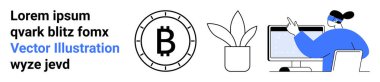 Bitcoin sembolü, saksı bitkisi ve bilgisayardaki insan. Fintech, kripto para birimi, engelleme zinciri, dijital para birimi, çevrimiçi mahremiyet, teknoloji eğitimi, finansal hizmetler için ideal. İniş sayfası