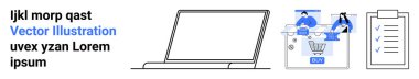 İki kişinin tartıştığı e-ticaret sahnesinin yanında dizüstü bilgisayar, alışveriş arabası ikonu ve kontrol listesi. Çevrimiçi iş, takım çalışması, proje yönetimi, e-ticaret, üretkenlik, pazar araştırması için ideal