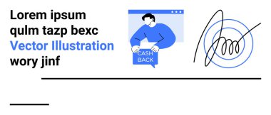 Cash Back tabelasını tutan adam, büyük bir imza ve mavi ve siyah renkli lorem ipsum metni. Finansal hizmetler, e-ticaret, güvenlik, sözleşmeler, pazarlama, promosyonlar, müşteri