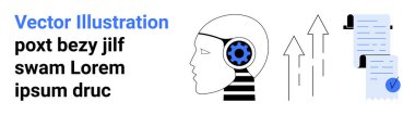 Zekayı ve fikirleri temsil eden teçhizatlı kafa büyümeyi sembolize eden oklar ve işaretli belgeler. İş, teknoloji, yenilik, ilerleme, analiz, eğitim için ideal