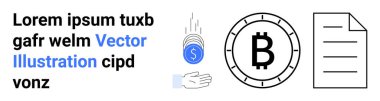 Bitcoin sembolü, el yakalama paraları, belge taslağı ve lorem ipsum metni. Kripto para birimi, finans eğitimi, engelleme zinciri teknolojisi, dijital işlemler, fintech çözümleri, para