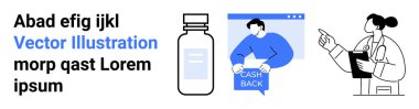 Tarayıcı camında nakit para levhası olan bir adamın yanında bir şişe ve pano ile işaret eden kadın bir doktor. Tıbbi, e-ticaret, sağlık hizmetleri, çevrimiçi alışveriş, ilaç, web tasarımı, dijital