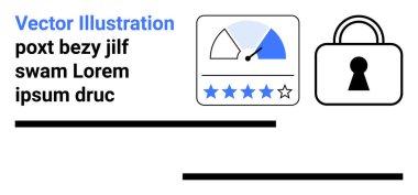 Mavi bölümlü hız göstergesi ve kilit simgesinin yanında yer tutucu metnin yanında gösterilen kullanıcı derecelendirme yıldızları. Veri güvenliği, performans izleme, kullanıcı değerlendirmeleri, dijital güvenlik için ideal