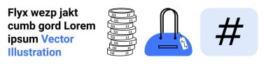 Bozuk para yığını, etiketli mavi çanta ve yer tutucu metnin yanında meta veri etiketi simgesi. Finansal kavramlar, moda temaları, sosyal medya, markalaşma, dijital pazarlama, e-ticaret için ideal
