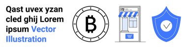 Bitcoin sembolü, güneşlikli vitrin, işaretli kalkan. Şifreli işlemler, e-ticaret, güvenlik, engelleme zinciri, fintech, online alışveriş için ideal. İniş sayfası