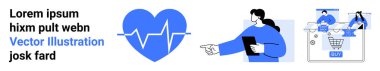 EKG 'si olan bir kalp, elinde tablet tutan biri, iki kişilik online alışveriş arabası. Sağlık, e-ticaret, teknoloji, çevrimiçi alışveriş, dijital pazarlama, teletıp kullanıcısı için ideal