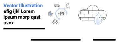 ERP diyagramında bulutlar, vitesler, paketler ve şifrelemeler var. Veri yönetimi, bulut depolama, lojistik, siber güvenlik, ERP yazılımı, teknoloji altyapısı ve bilişim çözümleri için ideal. İniş