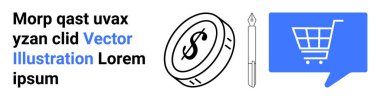 Dolar işaretli sikke, stilize edilmiş kalem simgesi ve mavi konuşma balonunda alışveriş arabası. E-ticaret, çevrimiçi alışveriş, dijital pazarlama, web tasarımı, grafik tasarımı, SEO hizmetleri, iniş sayfası için ideal