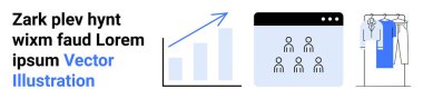 Yukarı doğru eğilim oklu bar tablosu, kullanıcı simgeli web sayfası, elbise askısı. İş büyümesi, takım işbirliği, moda e-ticaret, pazarlama analizleri, web geliştirme, çevrimiçi perakende satış için ideal