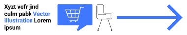Mavi konuşma balonunda alışveriş arabası, modern sandalye, büyük mavi ok, yer tutucu metin. E-ticaret, çevrimiçi alışveriş, mobilya mağazası, web tasarımı, kullanıcı arayüzü, dijital pazarlama için ideal