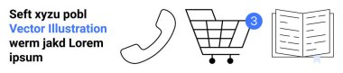 Telefon ahizesi, tebligatlı alışveriş arabası ve kitap simgeleri. İletişim, e-ticaret, okuma, dijital etkileşim, uyarı, online alışveriş, müşteri hizmetleri için ideal. İniş