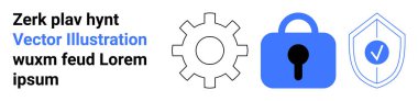 Vites, kilit ve kalkan sembolleri sol tarafta. Mavi ve siyah renk şeması. Teknoloji, siber güvenlik, koruma, ayarlar, mahremiyet, veri güvenliği, otomasyonla ilgili içerik için ideal. Pankart