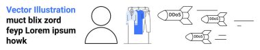 Circular user icon adjacent to hanging clothing, followed by multiple DDoS missiles targeting a user. Ideal for cybersecurity, internet safety, vulnerability, network security, risk management clipart