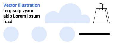 Alış veriş torbası sembolü ve sadeleştirilmiş bir düzen üzerinde metin olan daireler ve bulut şekilleri. Pazarlama, e-ticaret, web tasarımı, markalaşma, minimalist tasarımlar, yaratıcı promosyonlar ve dijital promosyonlar için ideal