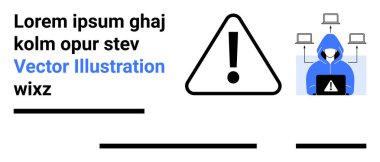 Üçgenin içinde ünlem işareti, bilgisayarlı kapüşonlu figür, arka planda bilgisayarlar. Siber güvenlik, bilişim güvenliği, veri koruması, anti-hack, uyarı sistemleri, ağ güvenliği, dijital