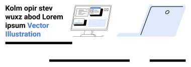 Web sayfası elemanları, dizüstü bilgisayar ve metin tutucu içeren siyah ve mavi renkli bilgisayar monitörü. İş, teknoloji, iletişim, web tasarımı, geliştirme, sunumlar, eğitim kaynakları için ideal