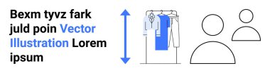 Askıda asılı elbiseler, yer tutucu metni ve iki kullanıcı simgesi. İş, moda, kullanıcı arayüzü, e-ticaret, müşteri hizmetleri işbirliği sosyal medya için idealdir. İniş sayfası