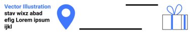 Mavi lokasyon rozeti, yatay çizgiler ve fiyonklu bir hediye kutusu. Yer bulma, yön bulma, konum tabanlı hizmetler, yönlendirme, izleme, hediye hizmetleri ve UX için ideal