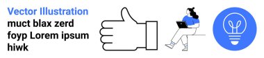 Simge yukarı, dizüstü bilgisayar kullanan kişi, mavi ampul simgesi, yer tutucu metin. Eğitim, motivasyon, beyin fırtınası, yaratıcılık, verimlilik, onay, dijital içerik için ideal. İniş sayfası