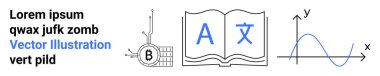 Blockchain sembollü Lorem ipsum metni, çok dilli sembollü açık kitap ve XY grafiği. Finans, engelleme zinciri, teknoloji, eğitim, veri analizi, dil eğitimi, bilimsel